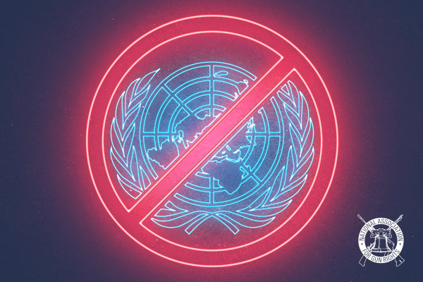 UN "Small Arms Treaty" graphic image with red cancel circle over the UN logo on a blue background